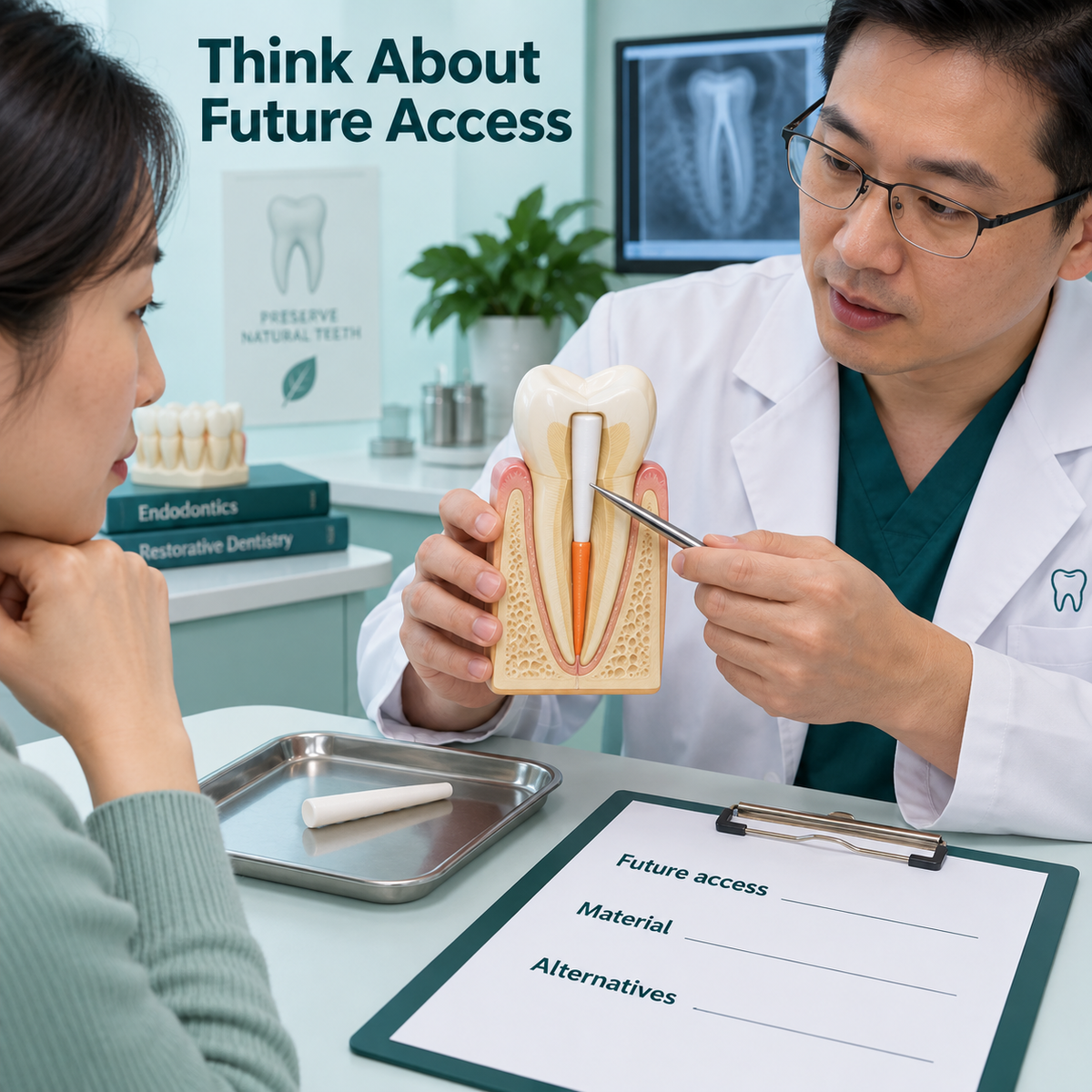 Treatment plan considers future post removal and alternatives. Educational illustration.