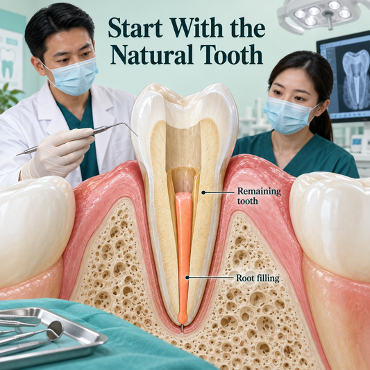 Natural root and supporting tissues evaluated first. Educational illustration.