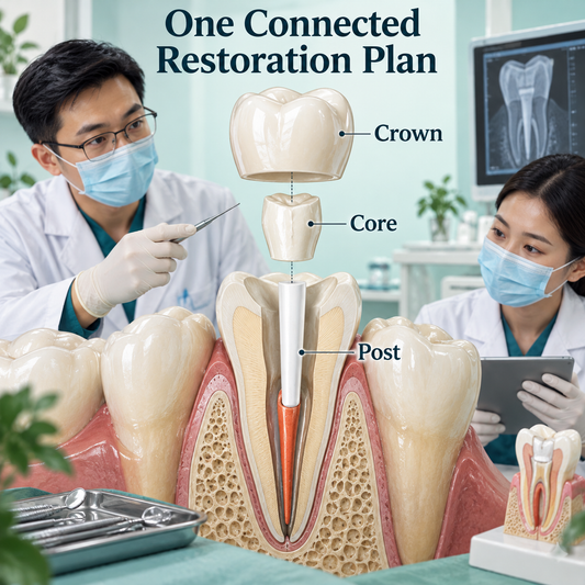 Post core and crown are separate restoration elements. Educational illustration.