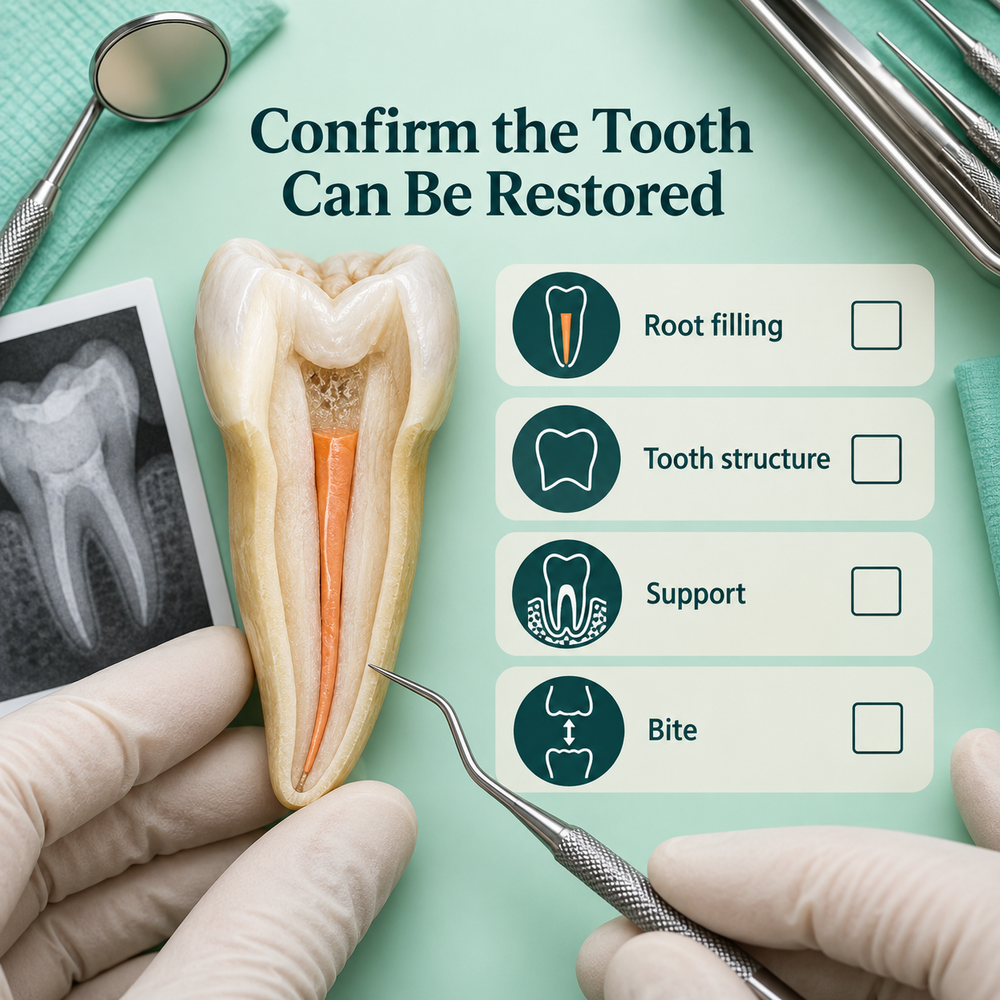 Tooth assessment record and root-filled tooth model. Educational illustration.