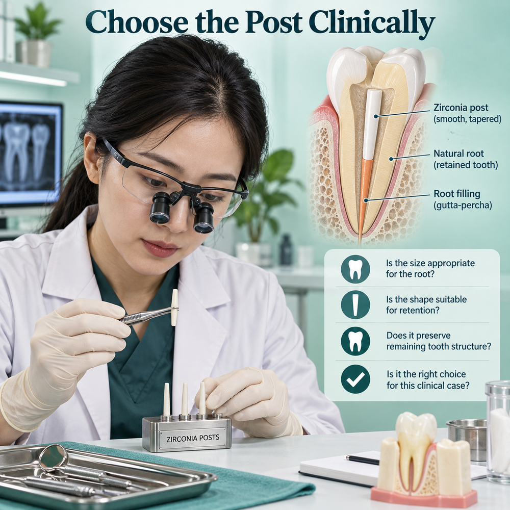 Chinese clinician discusses post material selection. Educational illustration.