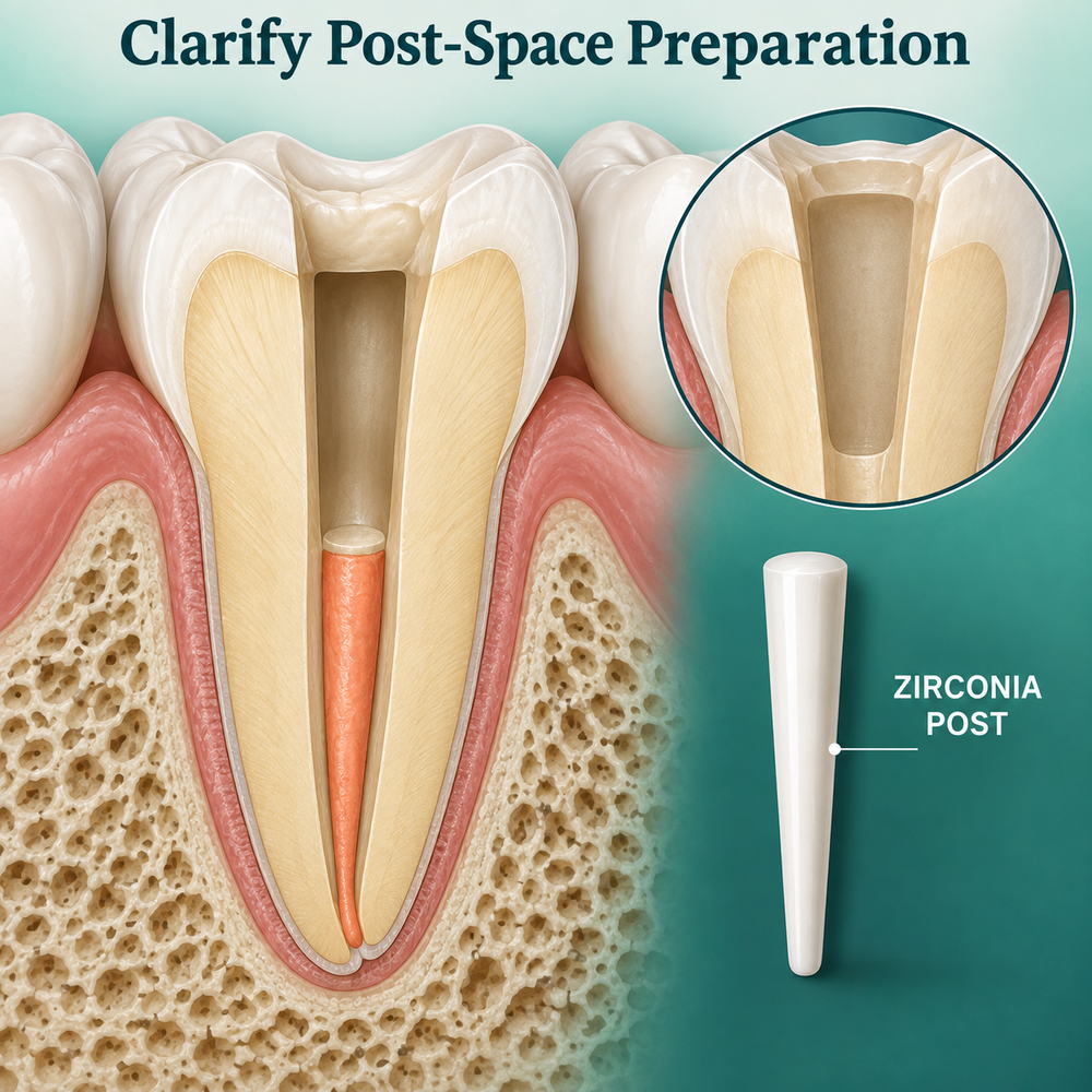 Prepared coronal post space with apical root filling retained. Educational illustration.
