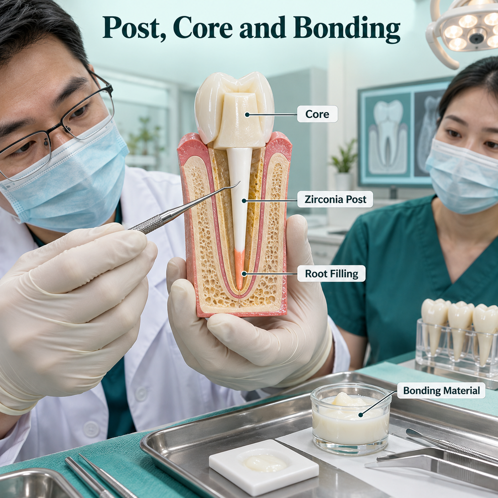Post retained core on a natural tooth model before the final crown. Educational illustration.