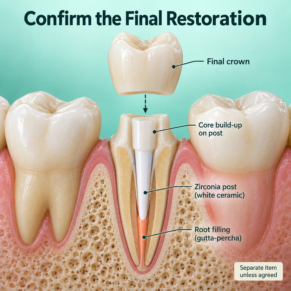 Final crown fits the rebuilt natural tooth structure. Educational illustration.