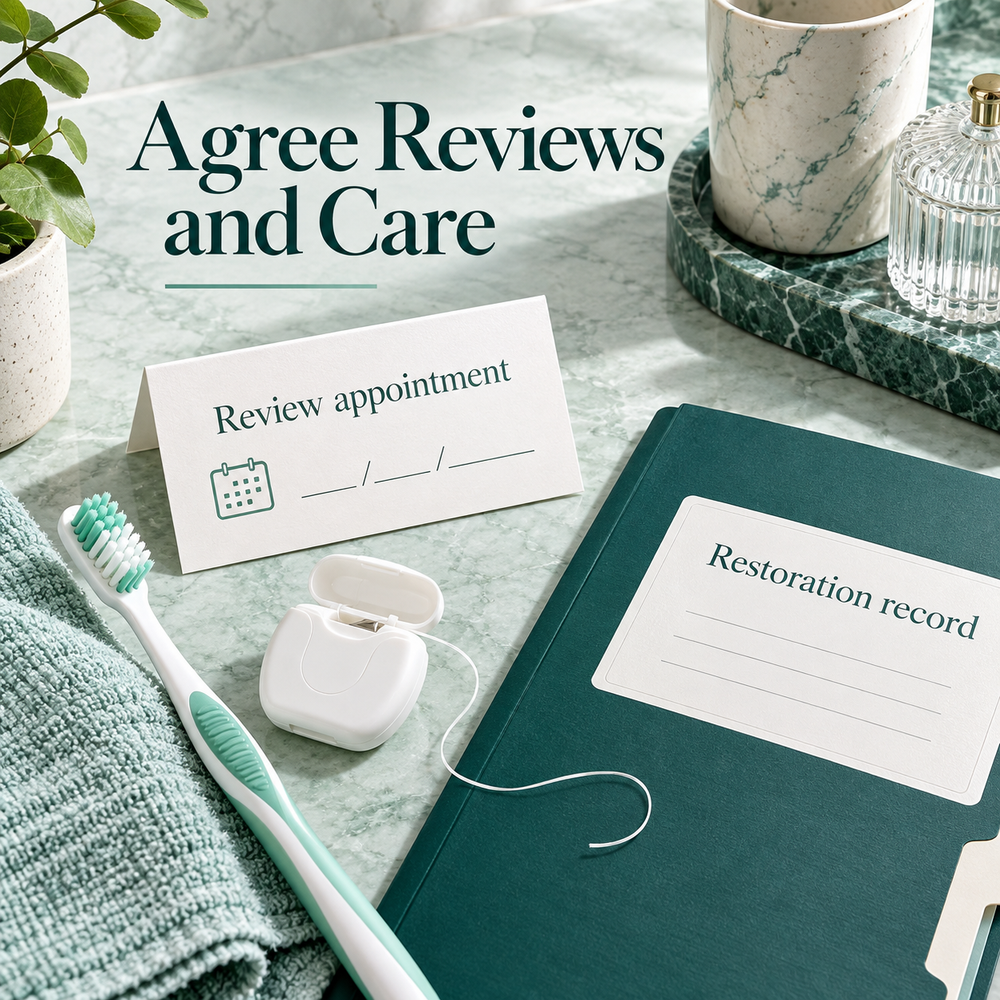 Post restoration review and clinical records. Educational illustration.