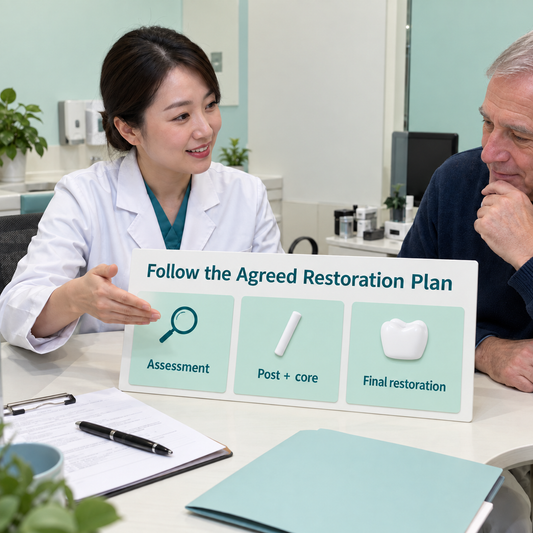 Chinese dentist explains the post core and final restoration sequence. Educational illustration.