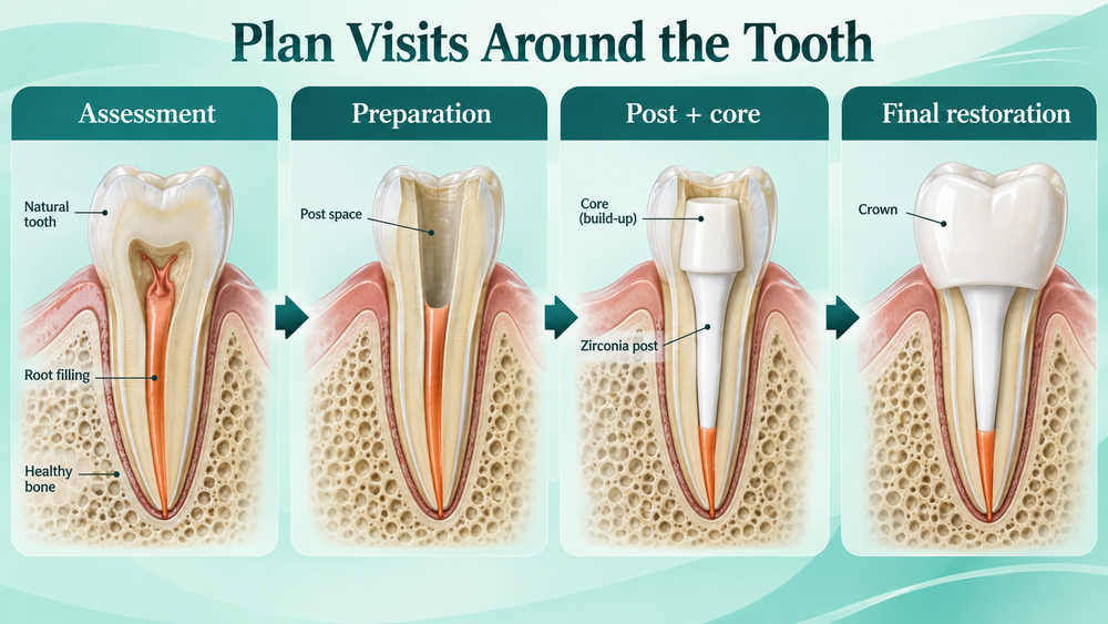 Clinical stages determine the post restoration appointment plan. Educational illustration.