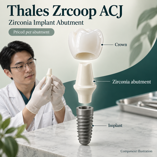 The zirconia abutment connects a compatible implant and crown. Educational illustration.