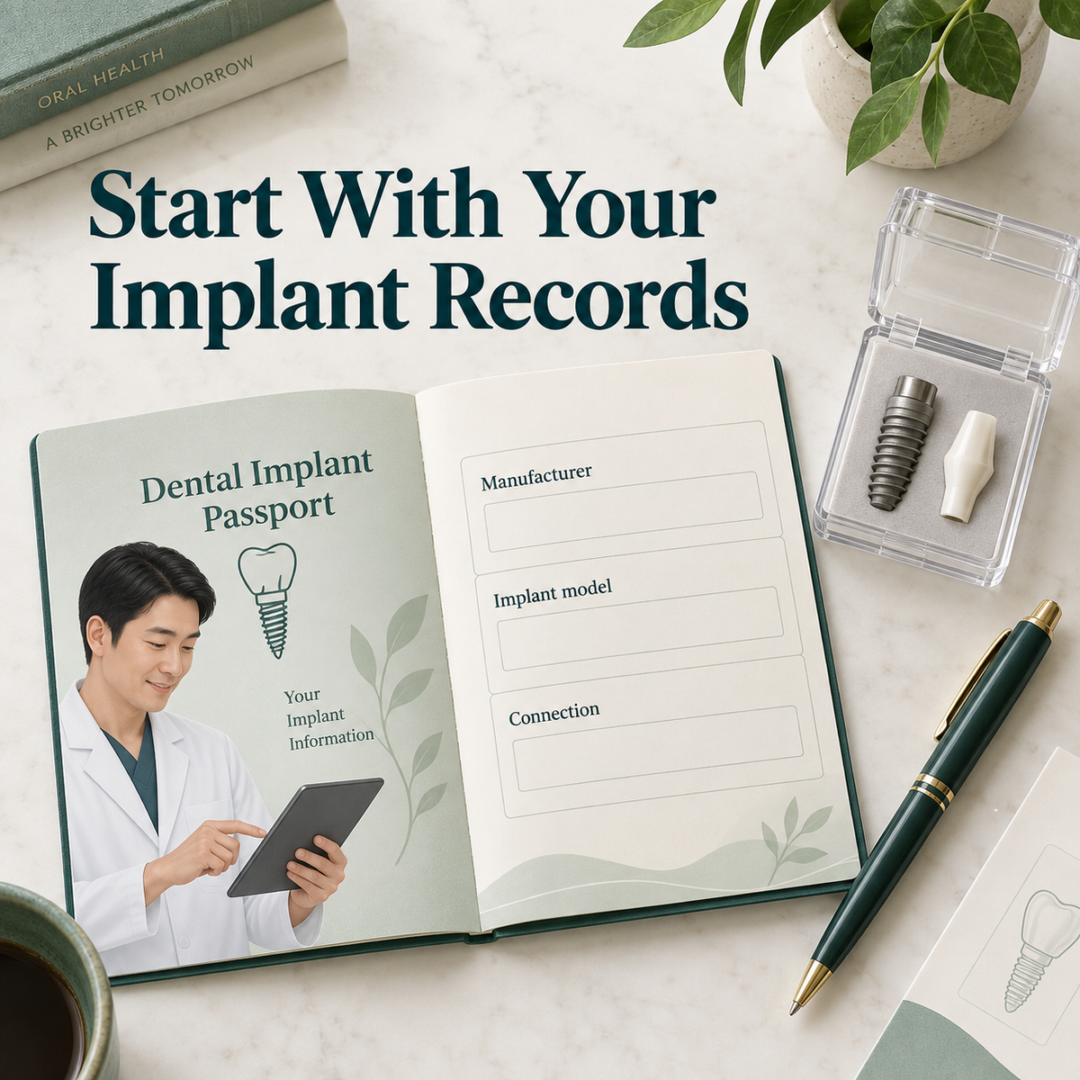 Existing implant records identify the component connection. Educational illustration.