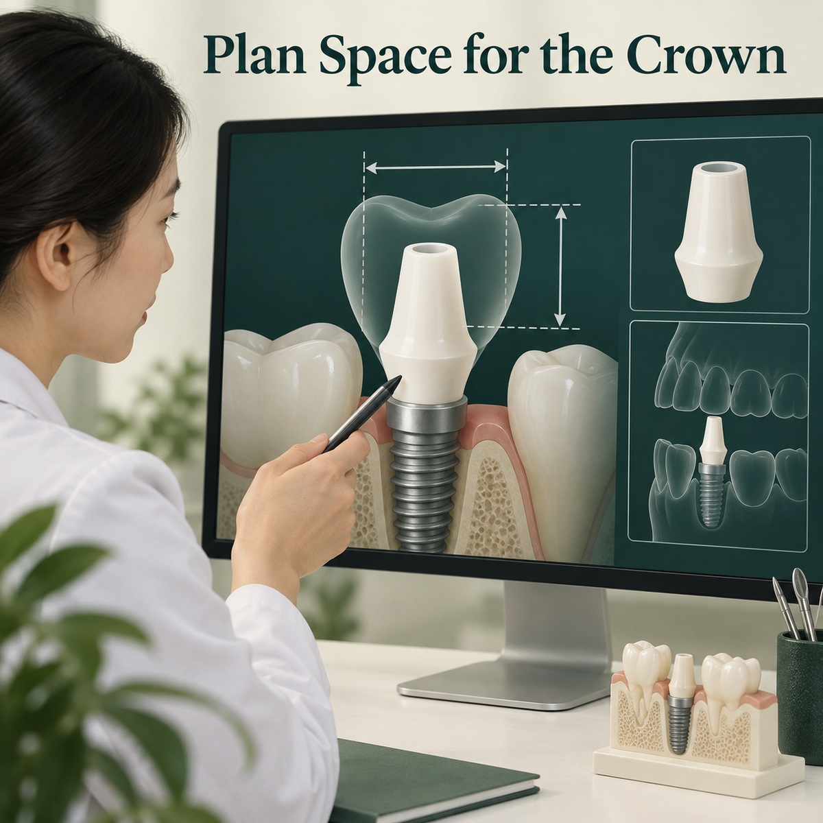 Abutment contour and crown space are planned together. Educational illustration.