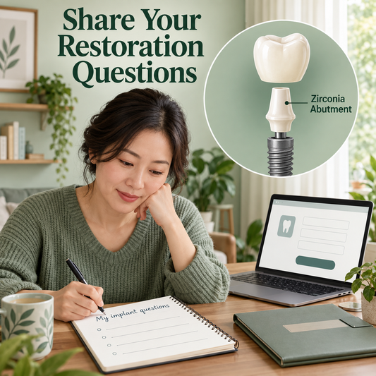 A patient starts with questions and existing implant information. Educational illustration.