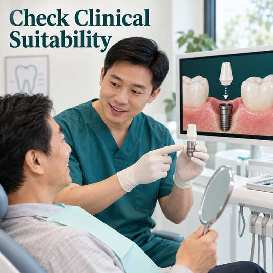 A Chinese dentist assesses tissues, space and bite. Educational illustration.