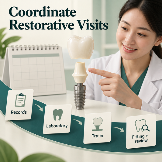 Restorative visits connect records, laboratory work, try-in and fitting. Educational illustration.