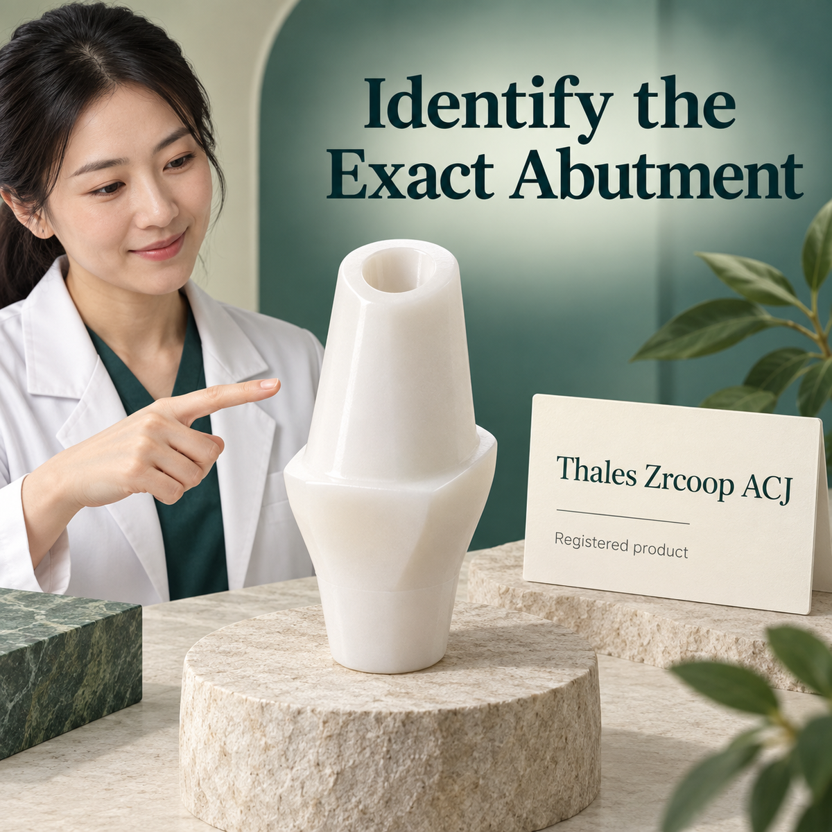 The exact zirconia abutment must be identified. Educational illustration.