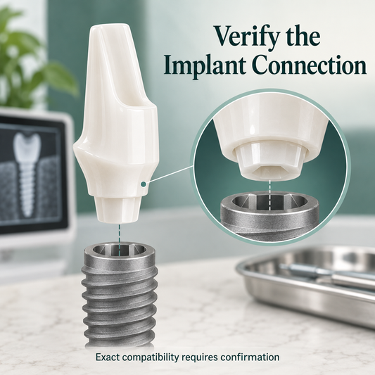 The abutment connection must match the actual implant. Educational illustration.