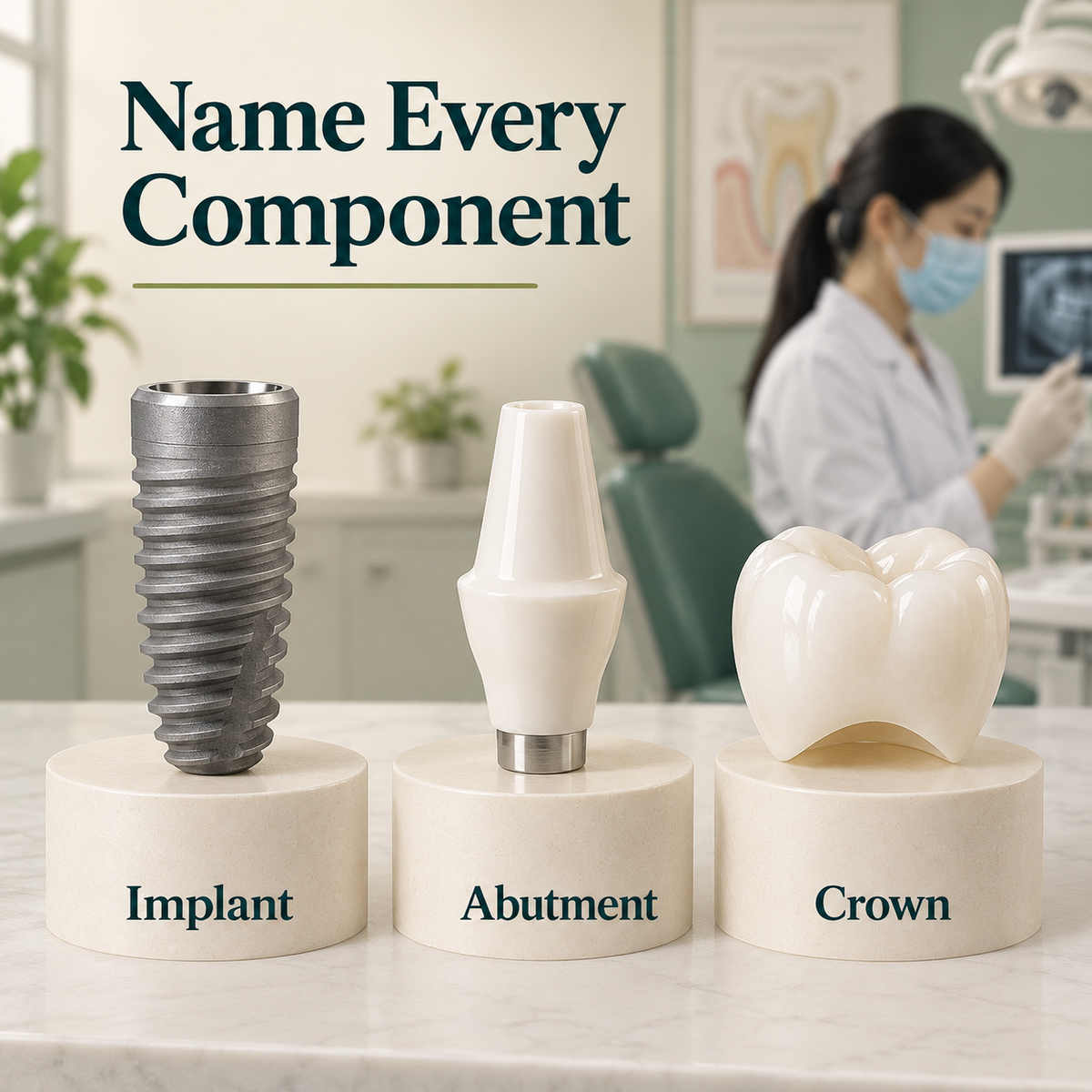 Implant, abutment and crown are separate components. Educational illustration.