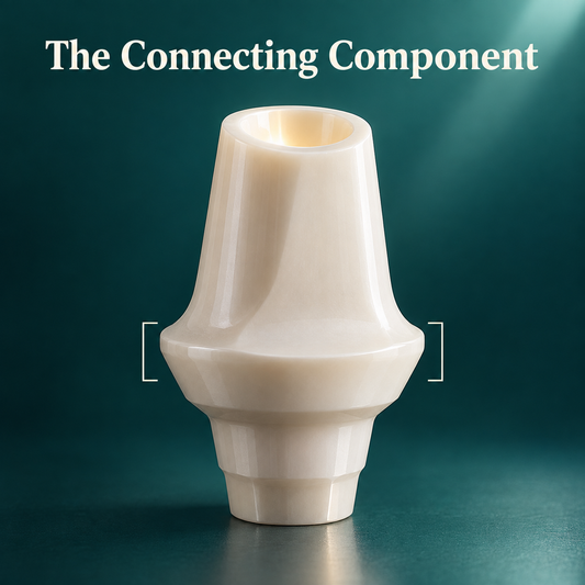 The listed zirconia abutment is the connector for the restoration. Educational illustration.