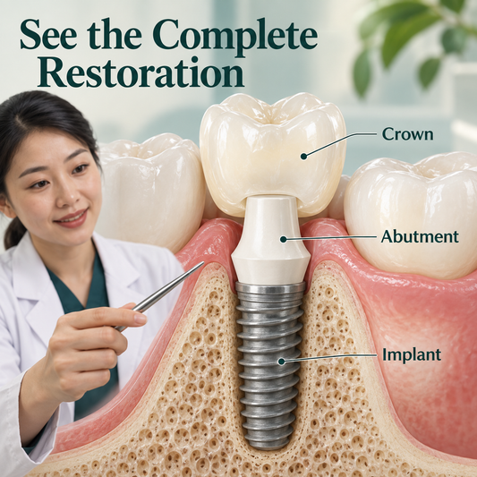 The implant and crown surround the abutment in the restoration. Educational illustration.
