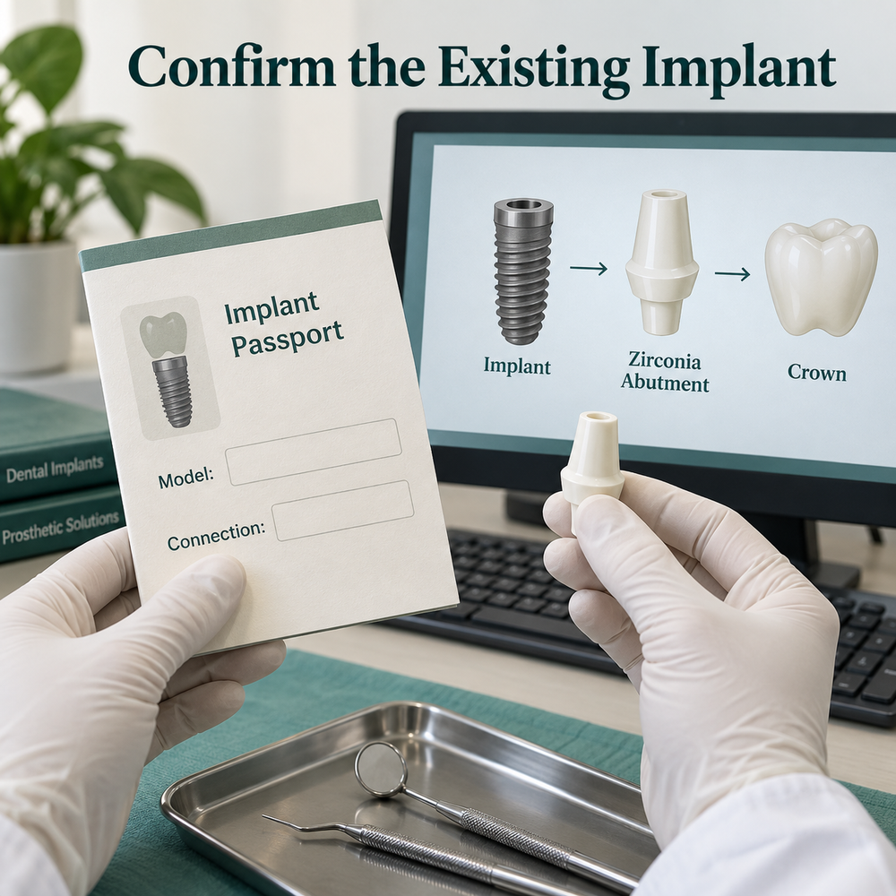 Implant identity is checked against records before selection. Educational illustration.