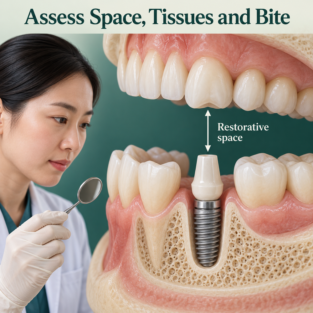Tissue and bite assessment inform the abutment decision. Educational illustration.