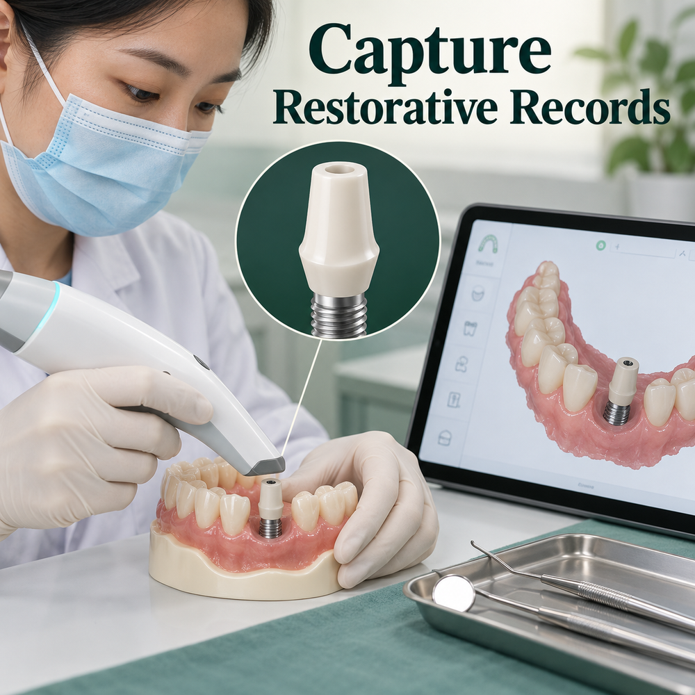 A scan records the implant site for restorative design. Educational illustration.