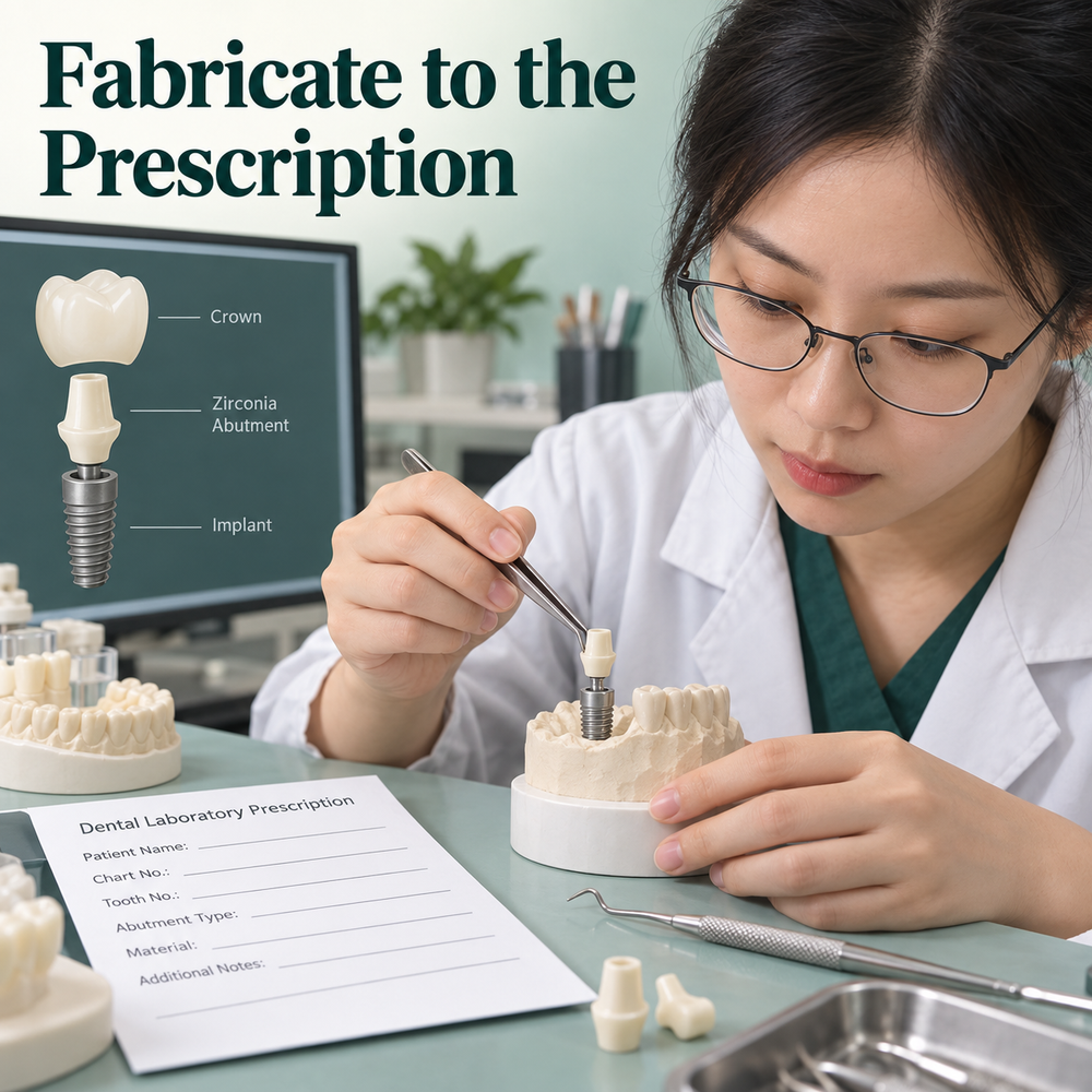 A Chinese technician checks the abutment against its laboratory prescription. Educational illustration.