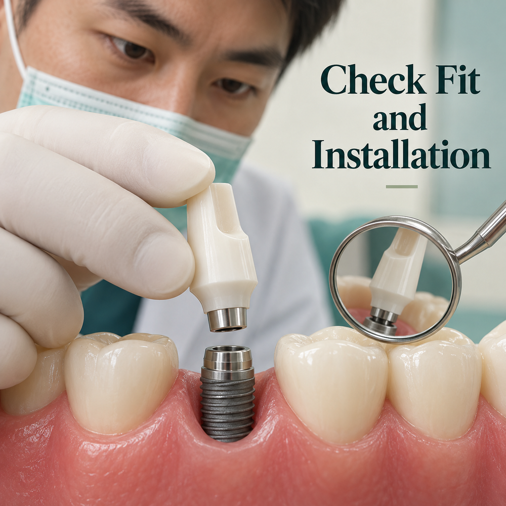 The component fit is checked before clinical installation. Educational illustration.