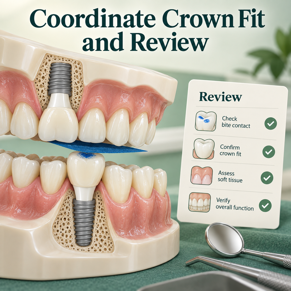 Crown fit and continuing review are coordinated with the abutment. Educational illustration.