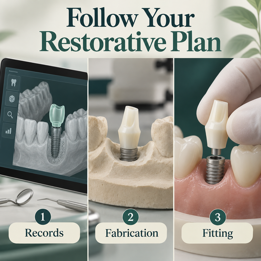 Records, abutment fabrication and fitting follow the prescribed sequence. Educational illustration.