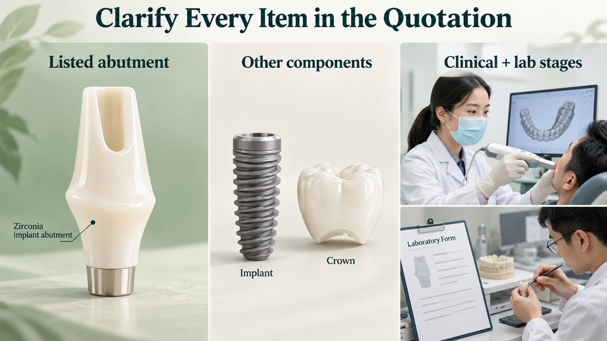 The quotation separates the abutment from other components and clinical stages. Educational illustration.