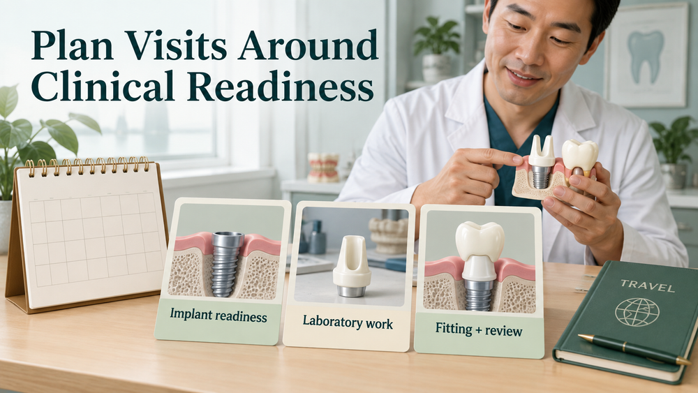Appointment planning depends on implant readiness and laboratory work. Educational illustration.