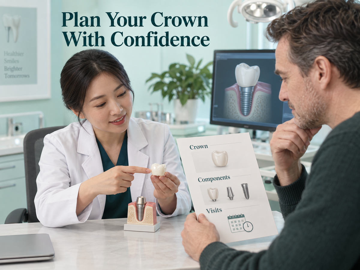 Chinese dentist discussing a single implant crown, component record and quotation with an adult patient. Educational illustration.
