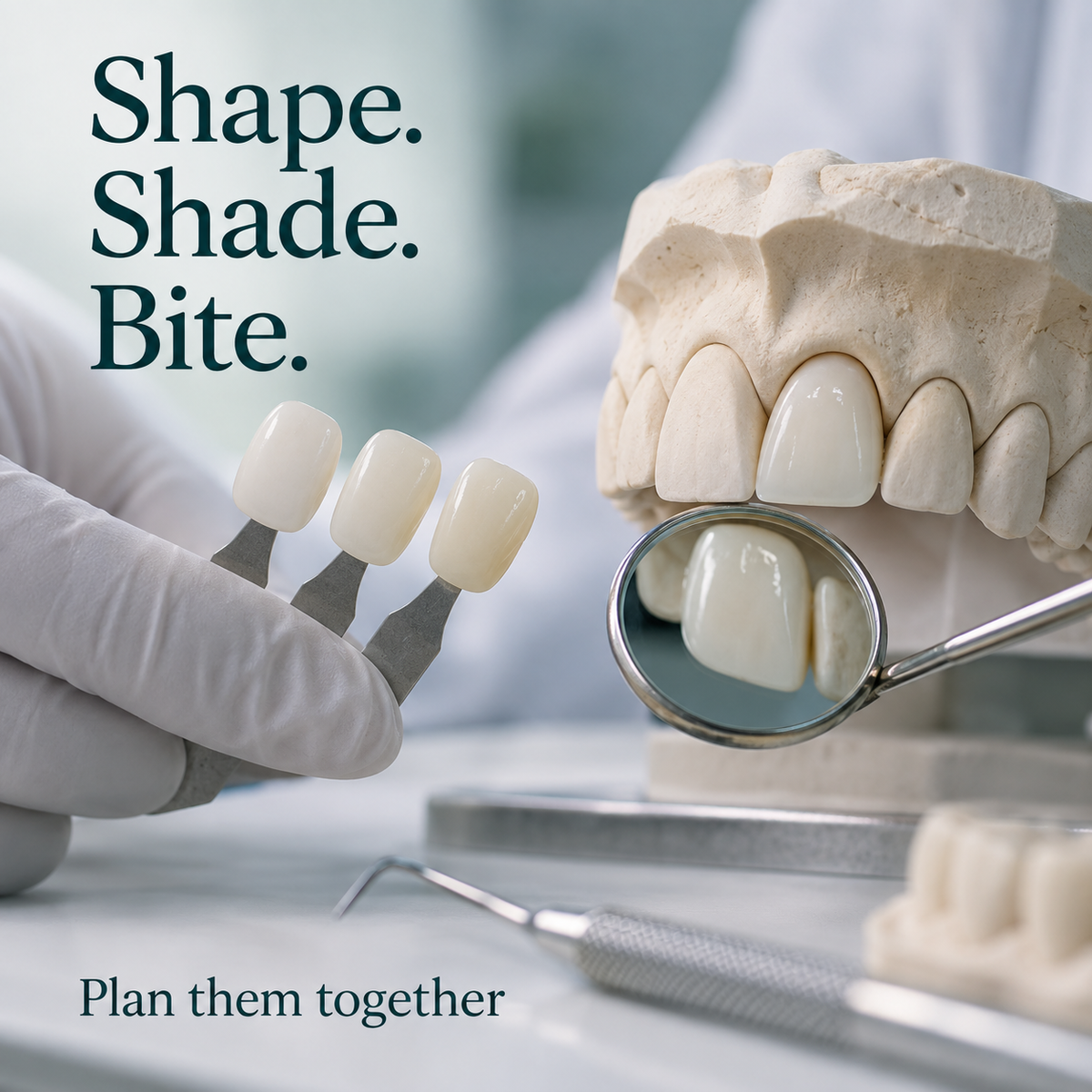 Shade tabs and crown contours being compared on a dental model. Educational illustration.