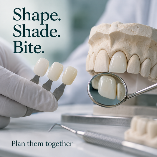 Shade tabs and crown contours being compared on a dental model. Educational illustration.