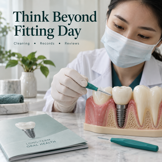 Soft interdental cleaning brush beside a fitted crown model and component record. Educational illustration.