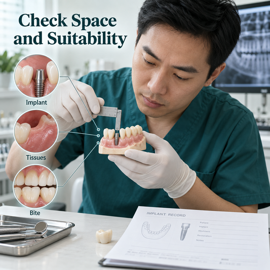 Chinese dentist measuring restorative space and reviewing implant information. Educational illustration.