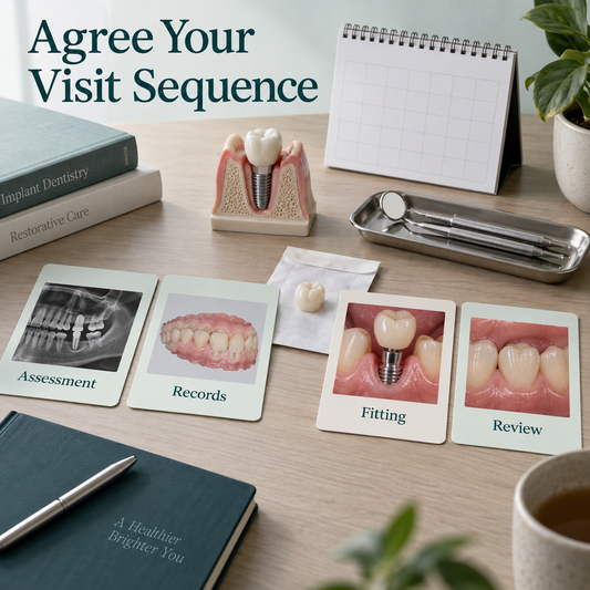 Four appointment cards for assessment, records, fitting and review. Educational illustration.