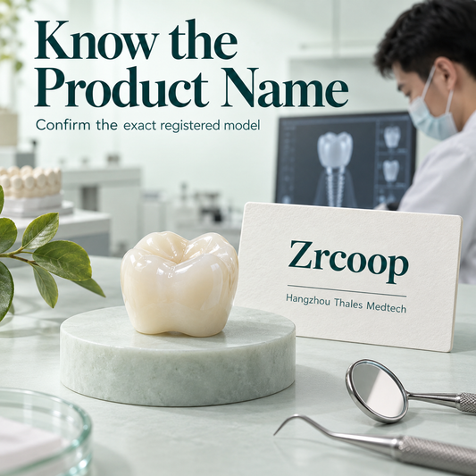 Zrcoop name with a ceramic crown and manufacturer identification card. Educational illustration.