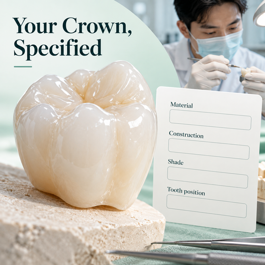 Ceramic crown with laboratory specification fields for material, construction and shade. Educational illustration.