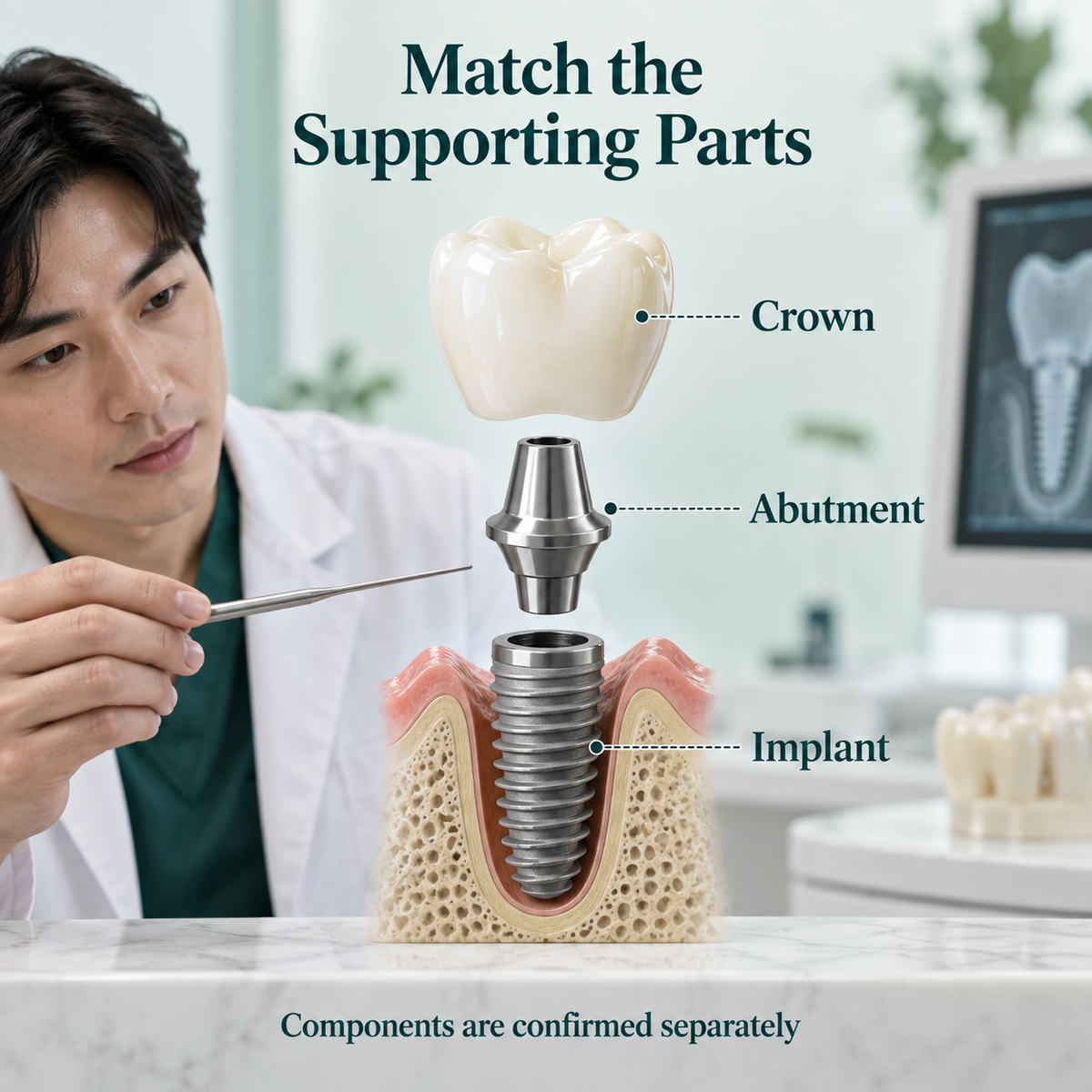 Exploded educational crown, abutment and implant diagram with distinct role labels. Educational illustration.
