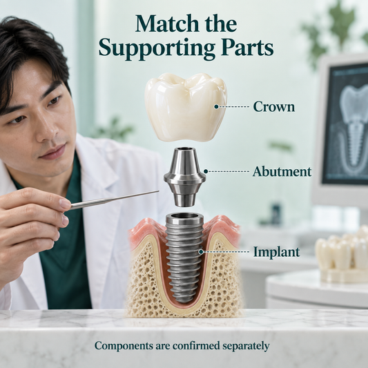 Exploded educational crown, abutment and implant diagram with distinct role labels. Educational illustration.
