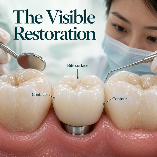 Detailed crown contours and neighbouring contacts shown on a partial dental model. Educational illustration.