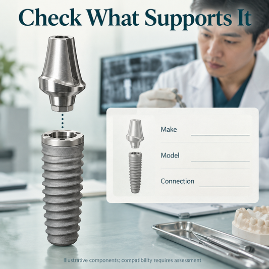 Implant connection and compatible abutment assessed against an identification record. Educational illustration.