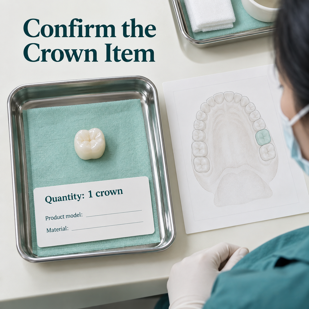 A single ceramic crown beside a tooth position and model specification card. Educational illustration.