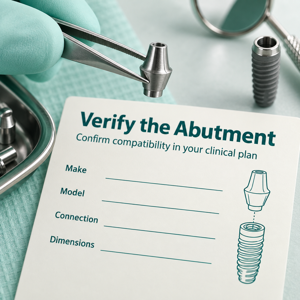Abutment and implant record paired for component verification. Educational illustration.