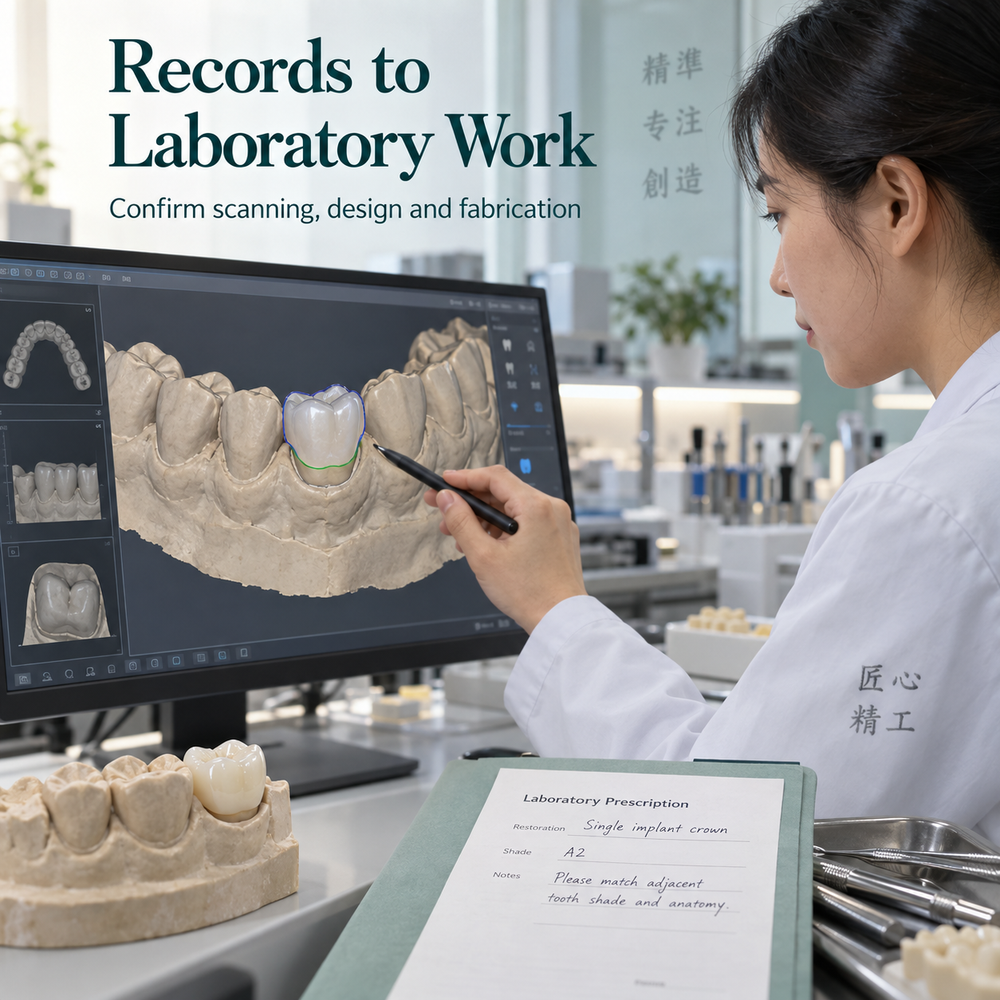 Digital tooth scan on screen and a ceramic crown in a dental laboratory workspace. Educational illustration.