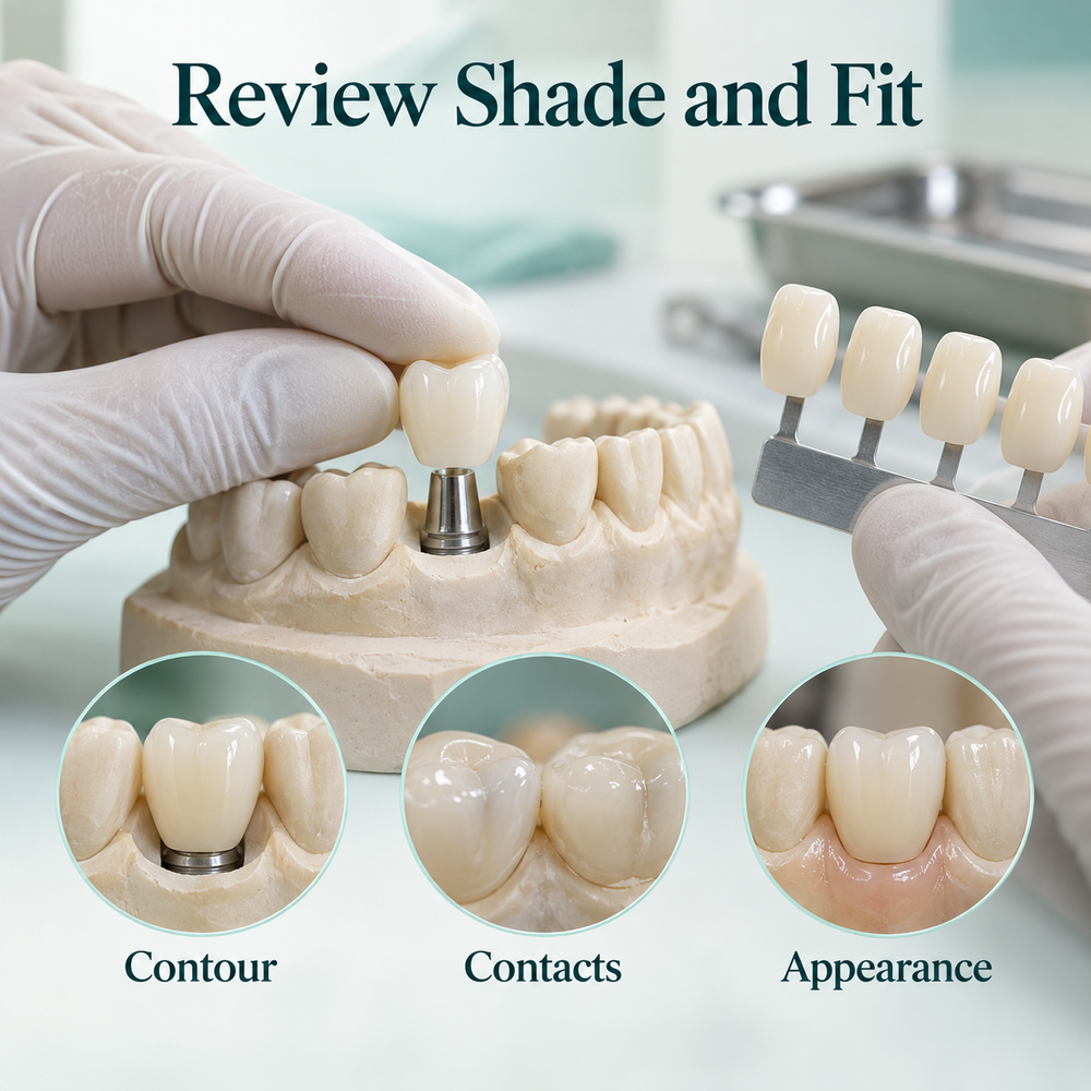Ceramic crown shade and fit assessed with a shade tab on a dental model. Educational illustration.