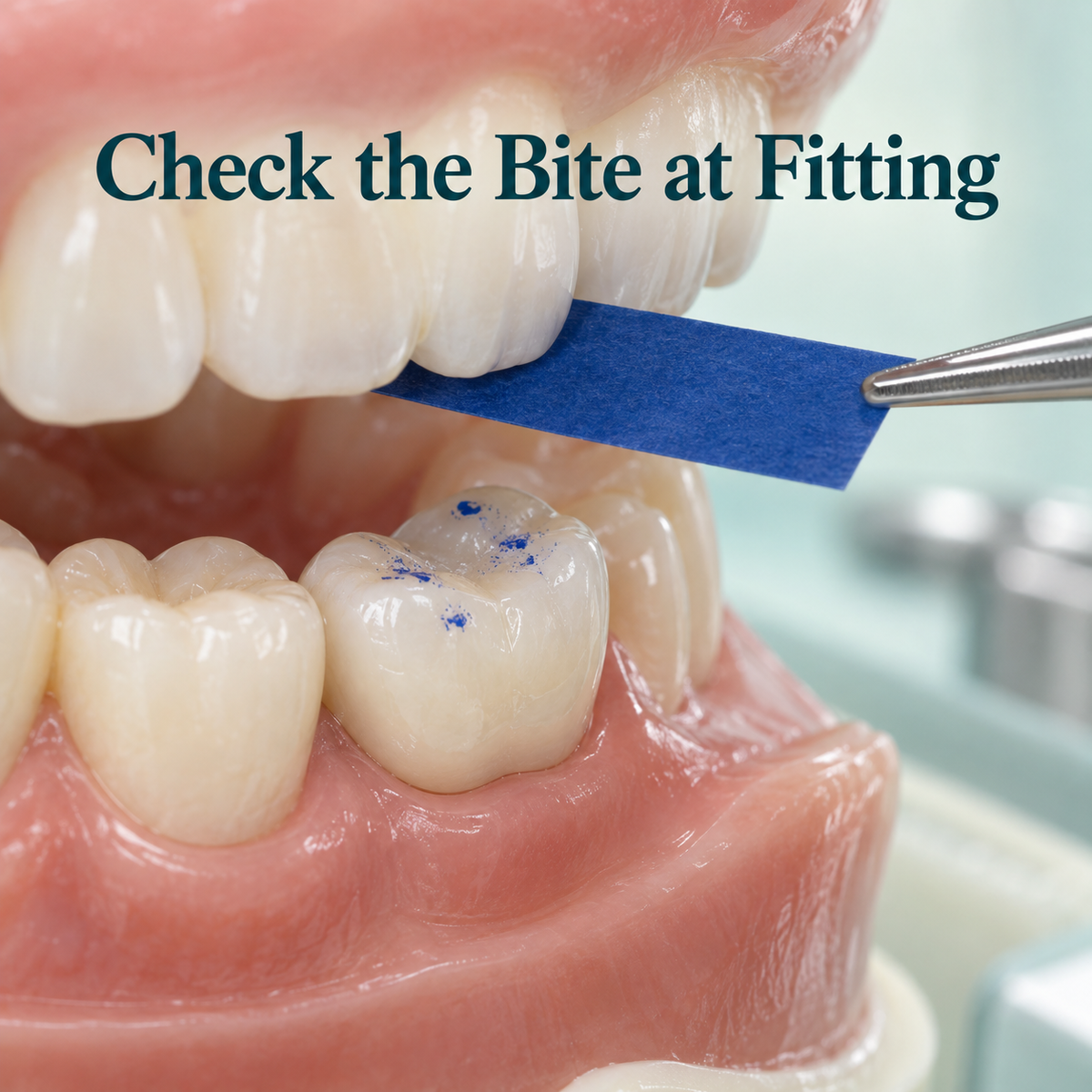 Blue articulating paper between opposing dental models checks the fitted crown bite. Educational illustration.