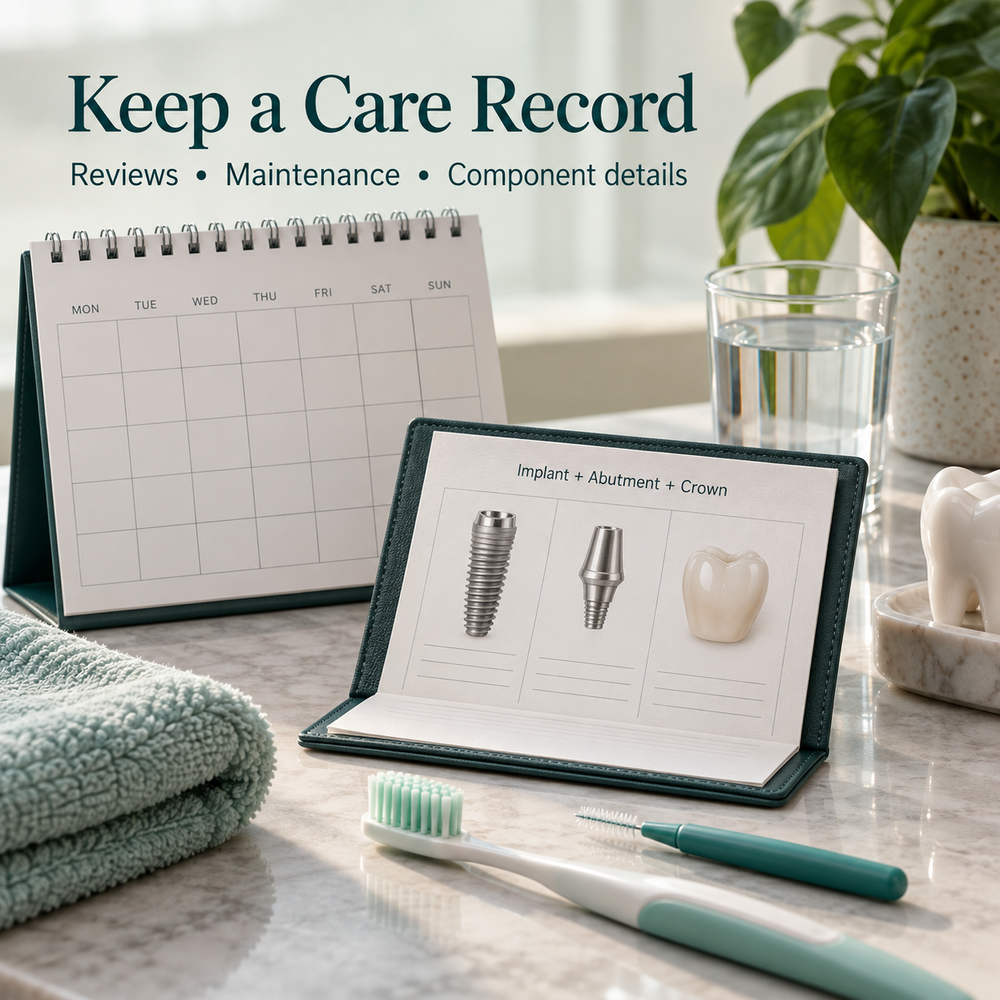 Review calendar, restoration record and crown cleaning tools. Educational illustration.