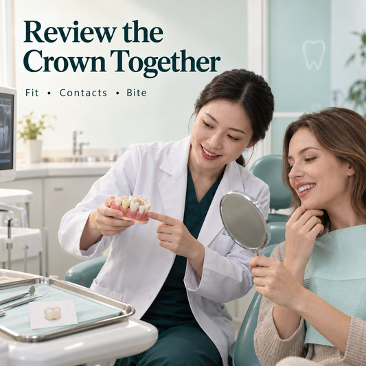 Chinese dentist and patient reviewing the fitted crown in a mirror at the dental chair. Educational illustration.